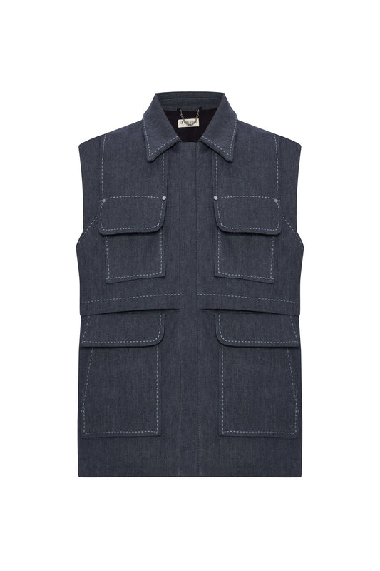 JENDUE Edgar Denim Vest - Men's Sleeveless Utility Jacket by Jendue