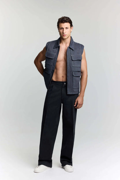 JENDUE Edgar Denim Vest - Men's Sleeveless Utility Jacket by Jendue