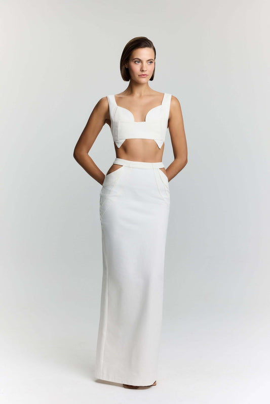 JENDUE Elena White Denim Maxi Skirt - Shop Long Skirts - Ansley Effect