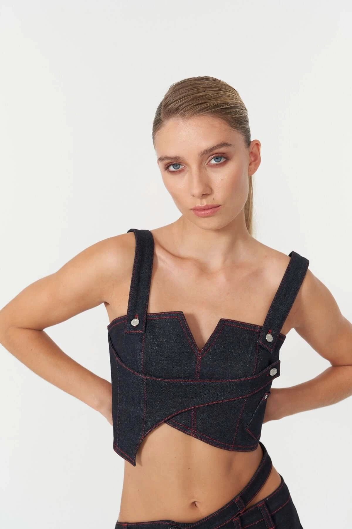 JENDUE Harvey Denim Crop Top | Unique Strappy Design by Jendue
