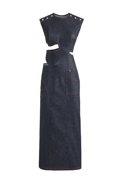 JENDUE Harvey Maxi Denim Dress - Unique Cut-Out Design by Jendue