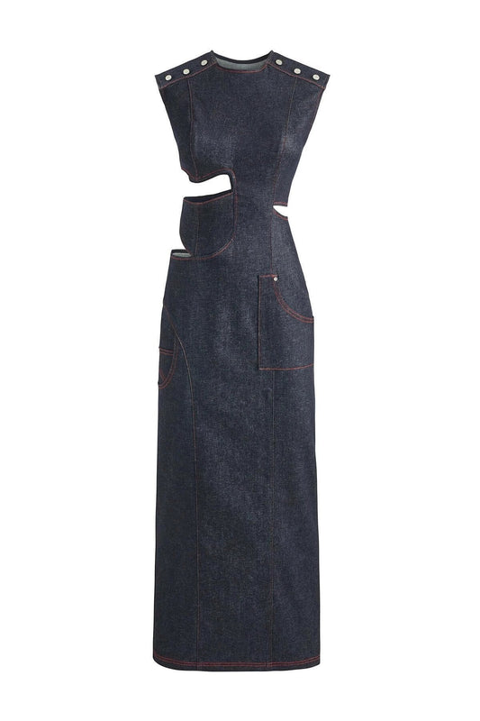JENDUE Harvey Maxi Denim Dress - Unique Cut-Out Design by Jendue