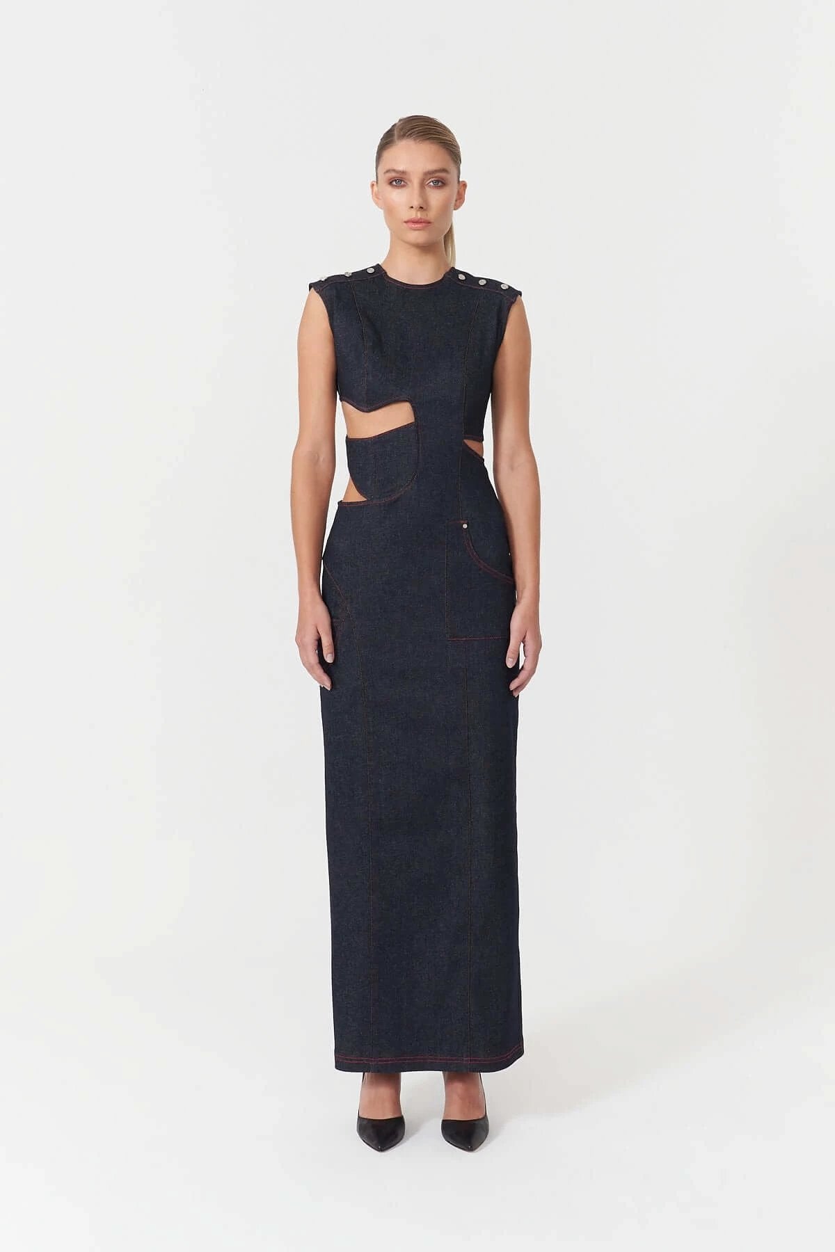 JENDUE Harvey Maxi Denim Dress - Unique Cut-Out Design by Jendue