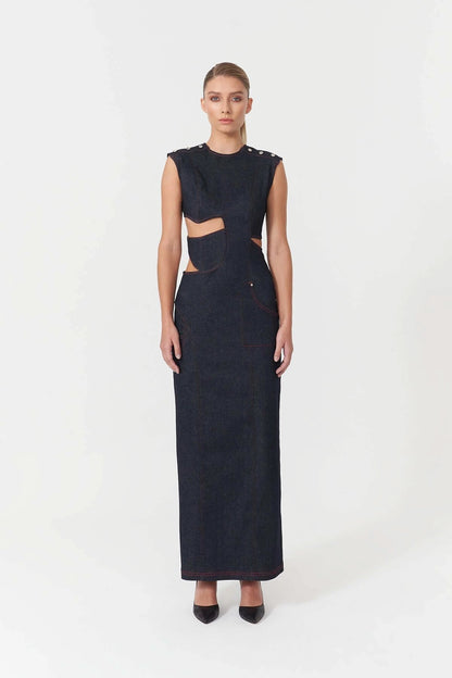 JENDUE Harvey Maxi Denim Dress - Unique Cut-Out Design by Jendue