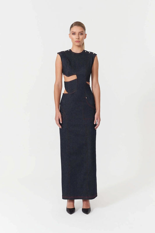 JENDUE Harvey Maxi Denim Dress - Unique Cut-Out Design by Jendue