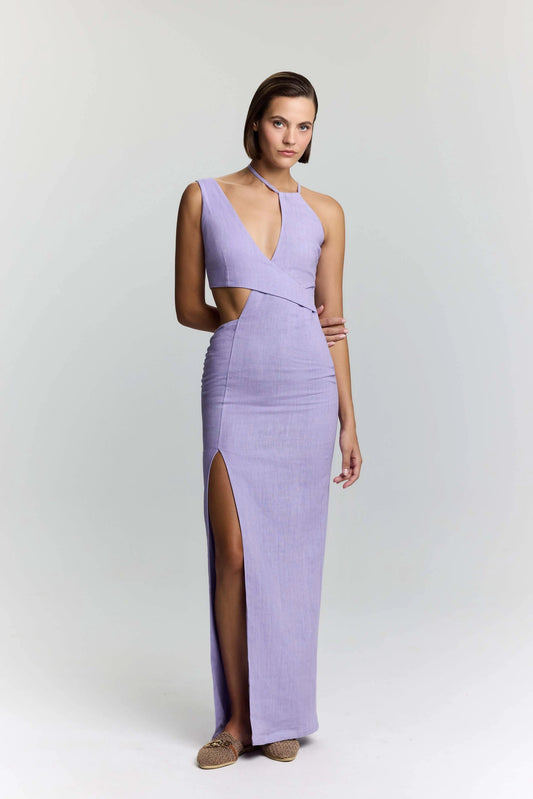 JENDUE Luna Denim Linen Dress - Chic Cut-Out Maxi by Jendue US