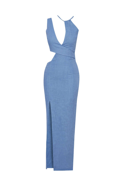 JENDUE Luna Denim Linen Dress - Chic Cut-Out Maxi by Jendue US
