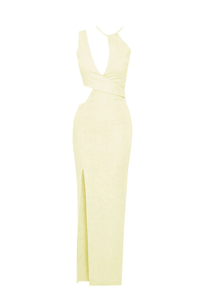 JENDUE Luna Denim Linen Dress - Chic Cut-Out Maxi by Jendue US