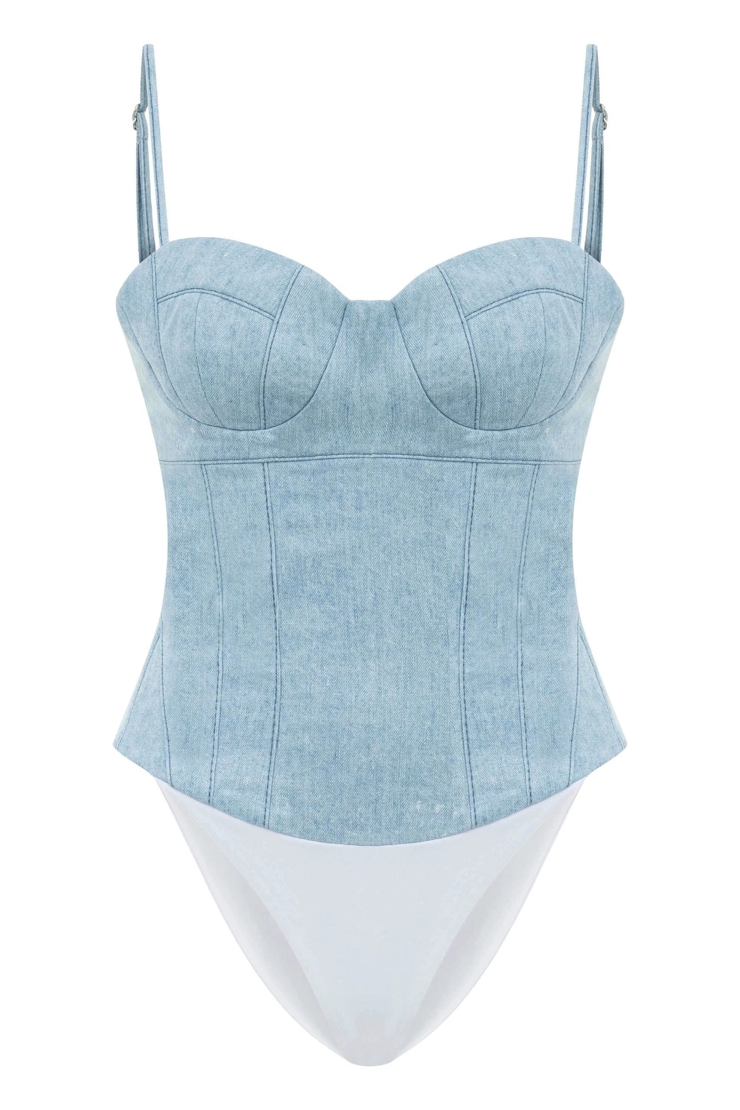 JENDUE Marvel Bodysuit Denim Top -Light Wash & Bustier Style by Jendue