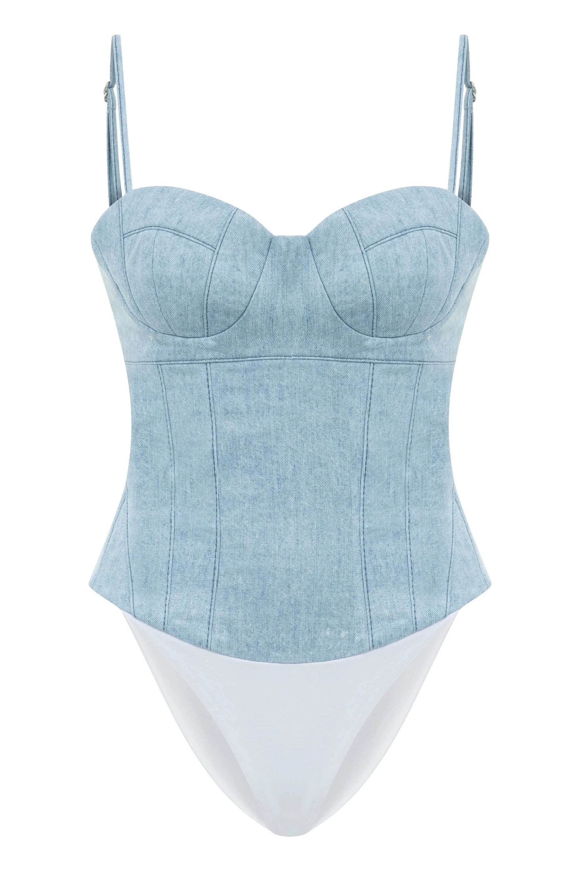 JENDUE Marvel Bodysuit Denim Top -Light Wash & Bustier Style by Jendue