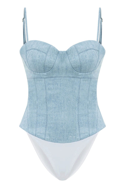 JENDUE Marvel Bodysuit Denim Top -Light Wash & Bustier Style by Jendue