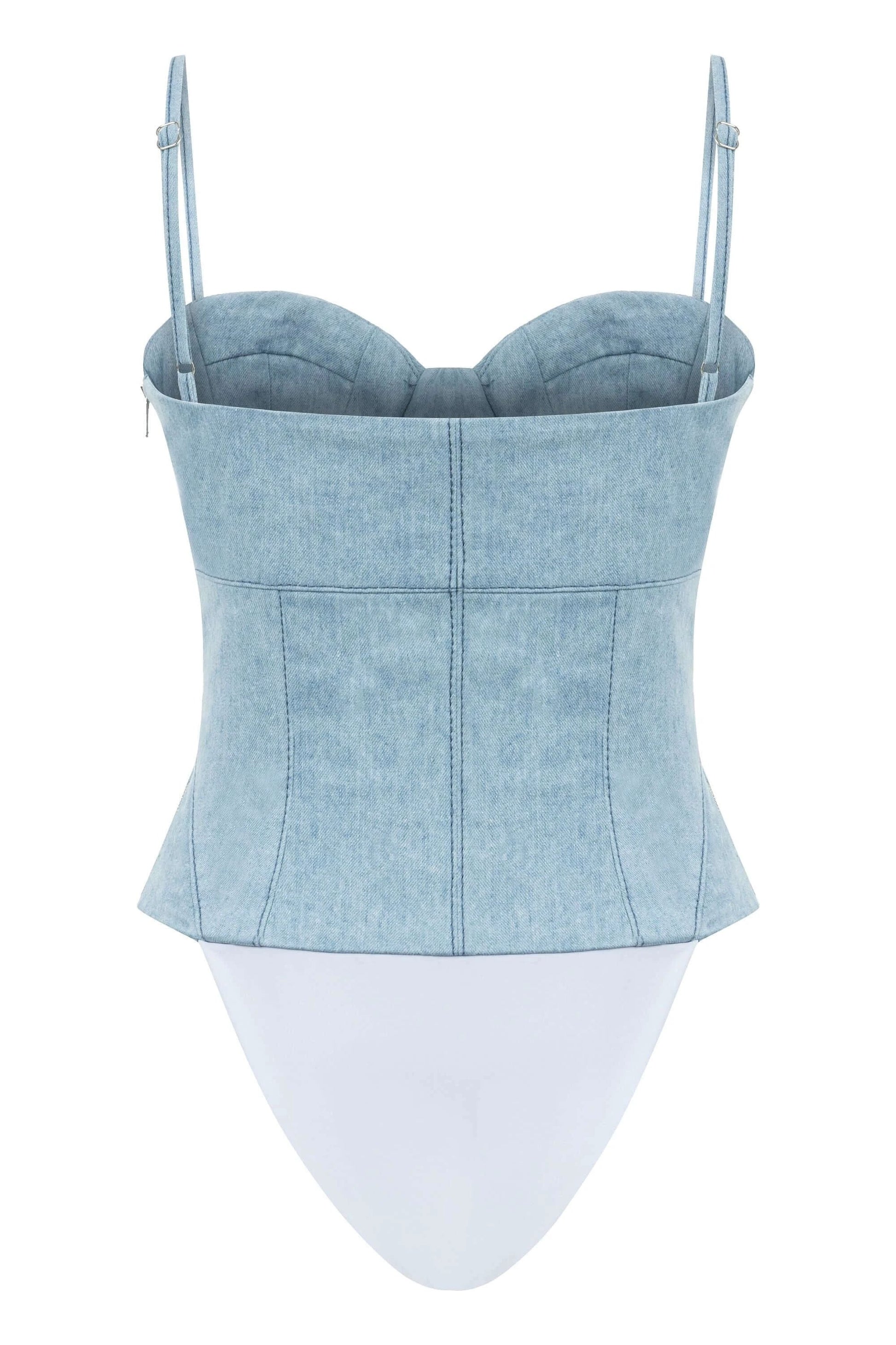 JENDUE Marvel Bodysuit Denim Top -Light Wash & Bustier Style by Jendue