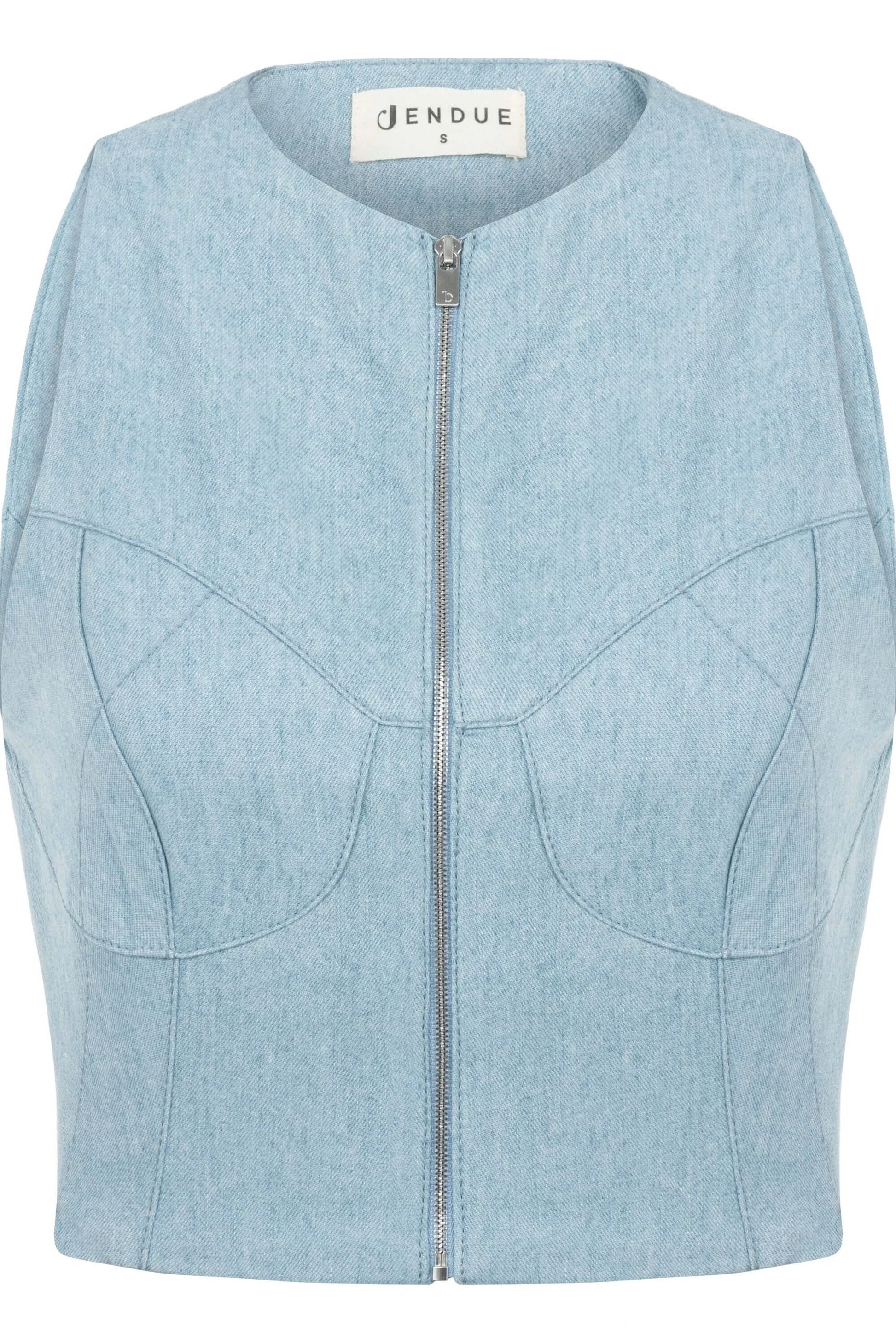 JENDUE Marvel Denim Top - Light Blue Zip-Up Bustier by Jendue