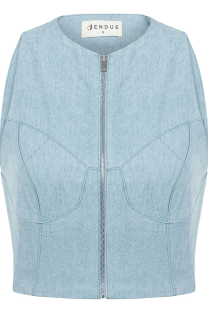 JENDUE Marvel Denim Top - Light Blue Zip-Up Bustier by Jendue