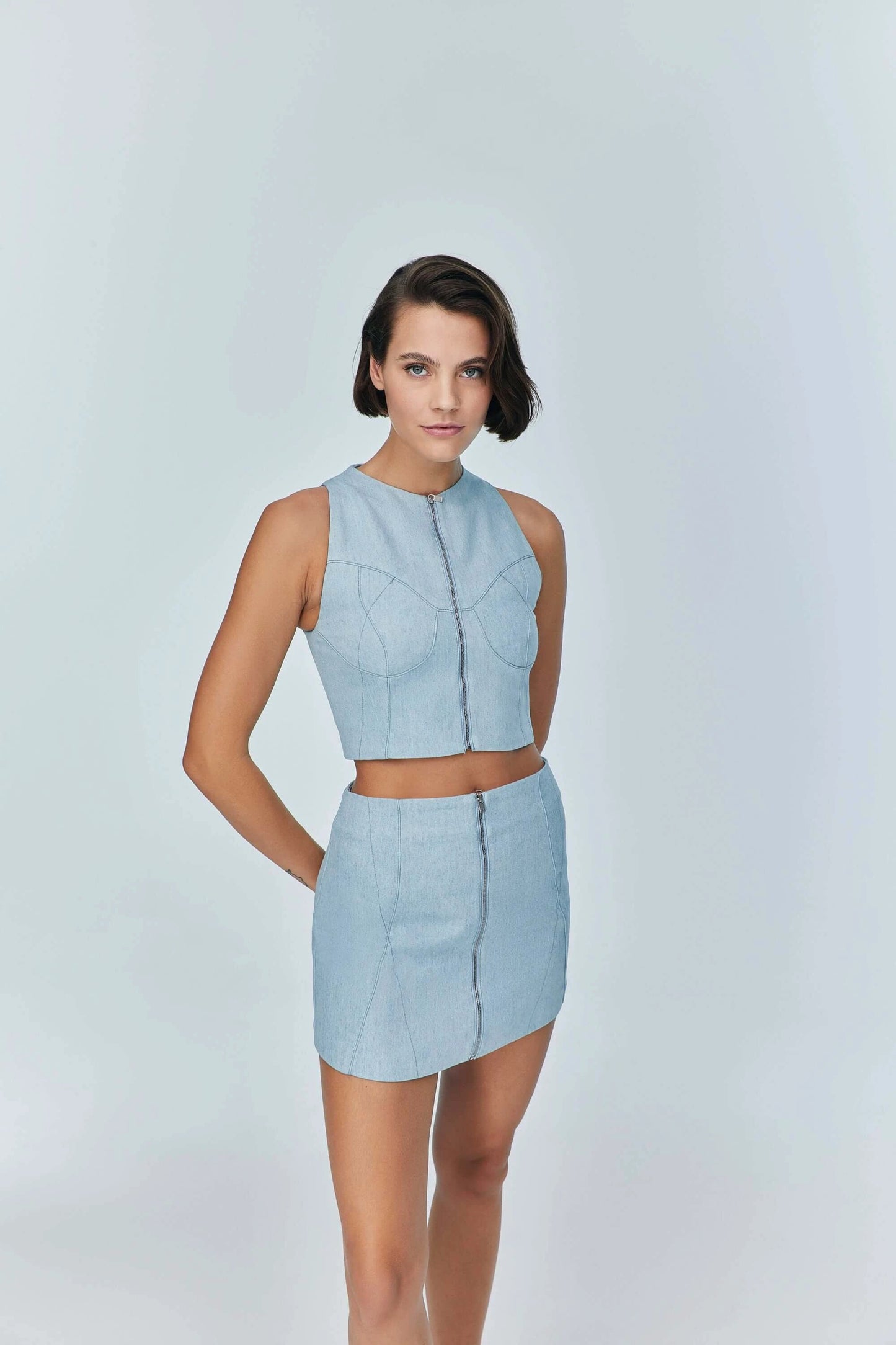 JENDUE Marvel Denim Top - Light Blue Zip-Up Bustier by Jendue