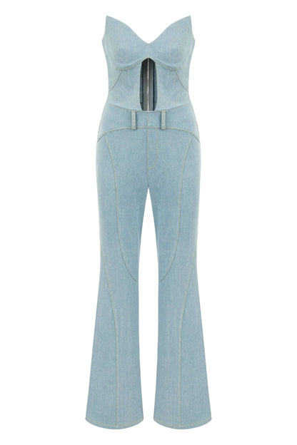 JENDUE Marvel Maxi Denim Jumpsuit - Strapless, Cut-Out by Jendue