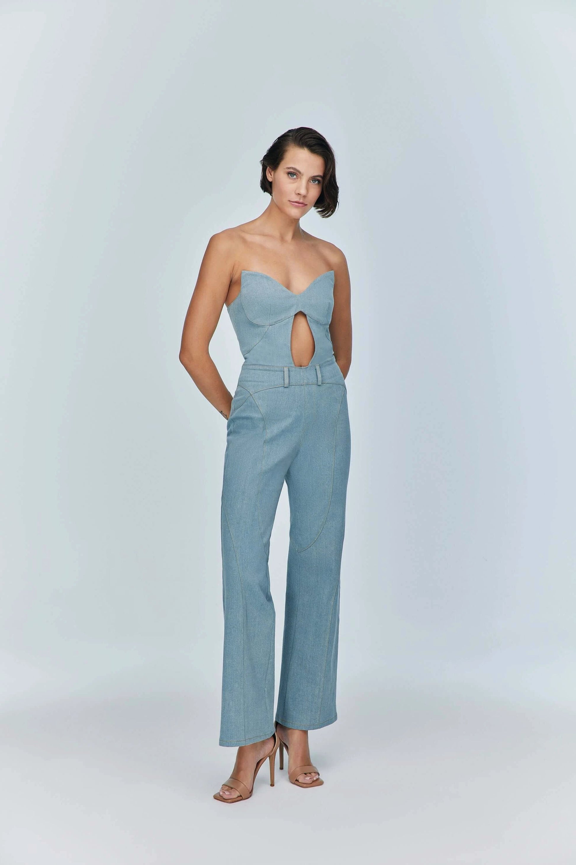 JENDUE Marvel Maxi Denim Jumpsuit - Strapless, Cut-Out by Jendue