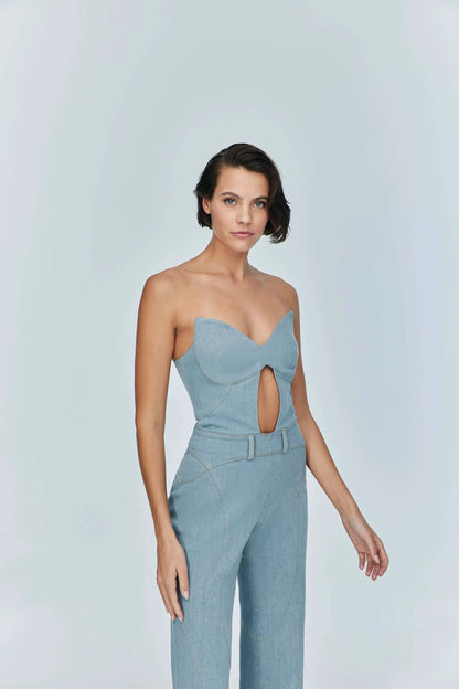 JENDUE Marvel Maxi Denim Jumpsuit - Strapless, Cut-Out by Jendue