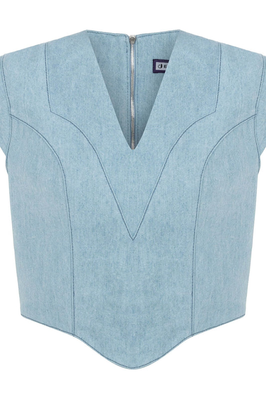 JENDUE Marvel V-Neck Denim Top - Stylish Women's Jean Blouse by Jendue
