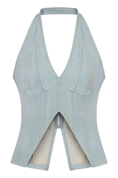 JENDUE Monte Corset Denim Top - Light Blue Halter Style by Jendue