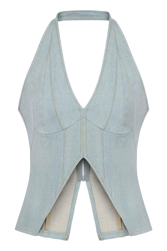 JENDUE Monte Corset Denim Top - Light Blue Halter Style by Jendue