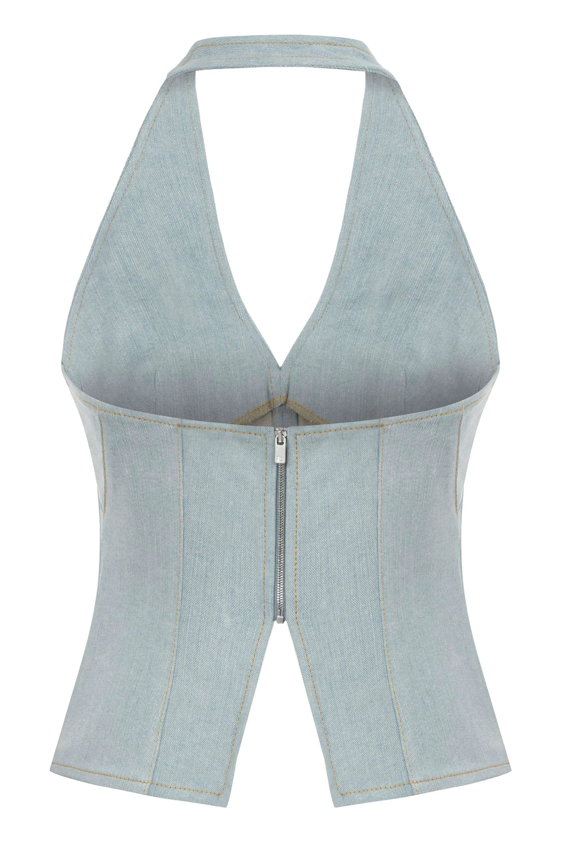 JENDUE Monte Corset Denim Top - Light Blue Halter Style by Jendue