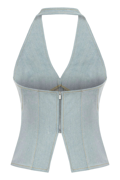 JENDUE Monte Corset Denim Top - Light Blue Halter Style by Jendue