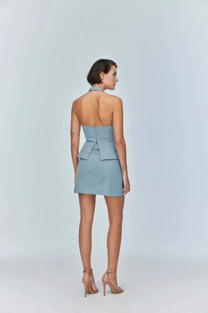 JENDUE Monte Corset Denim Top - Light Blue Halter Style by Jendue