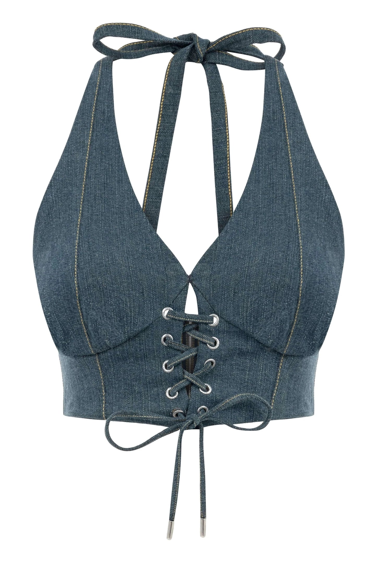JENDUE Monte Denim Crop Top - Halter Neck & Lace-Up Detail by Jendue