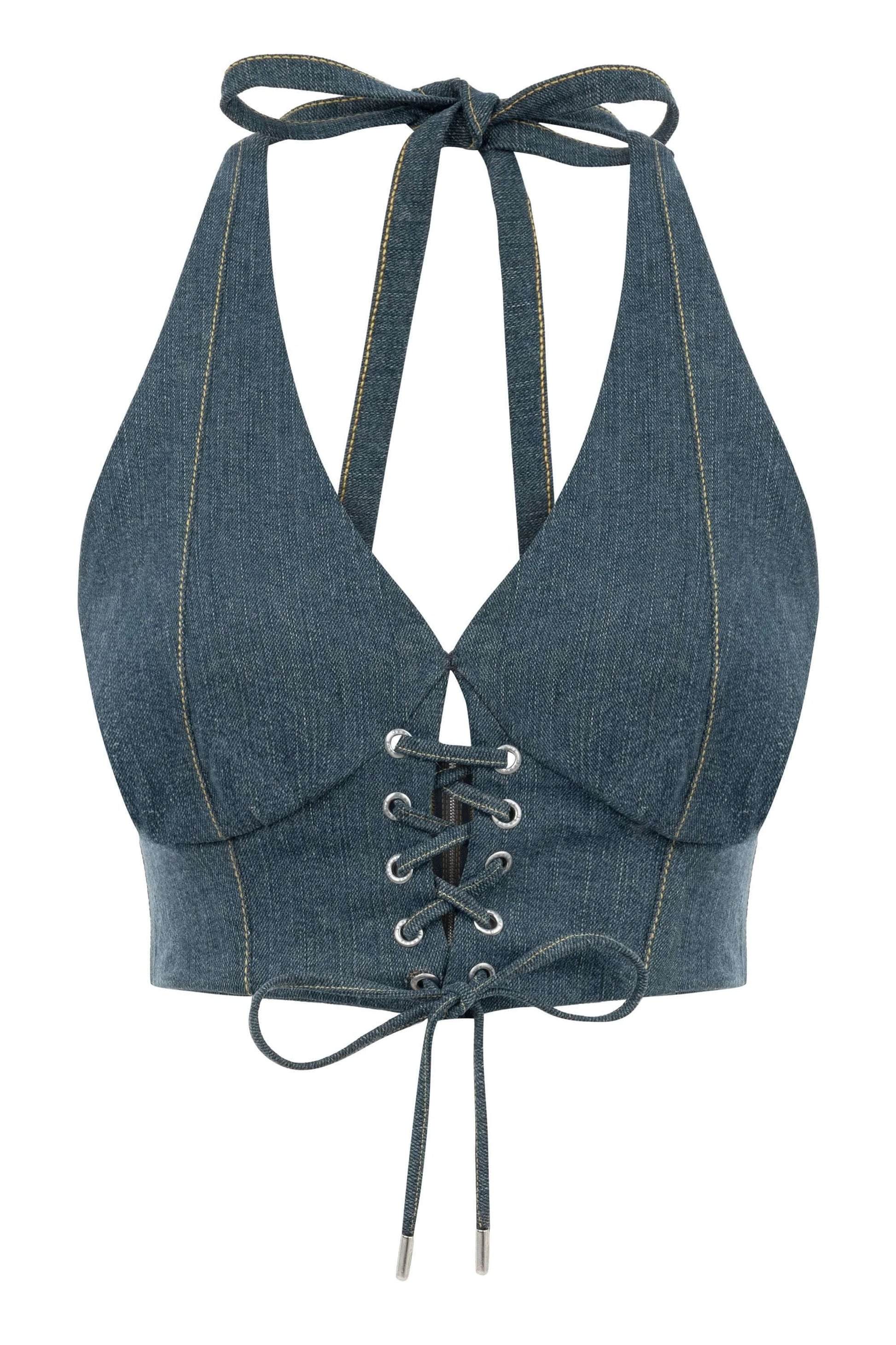 JENDUE Monte Denim Crop Top - Halter Neck & Lace-Up Detail by Jendue