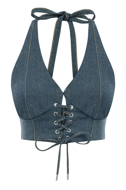 JENDUE Monte Denim Crop Top - Halter Neck & Lace-Up Detail by Jendue