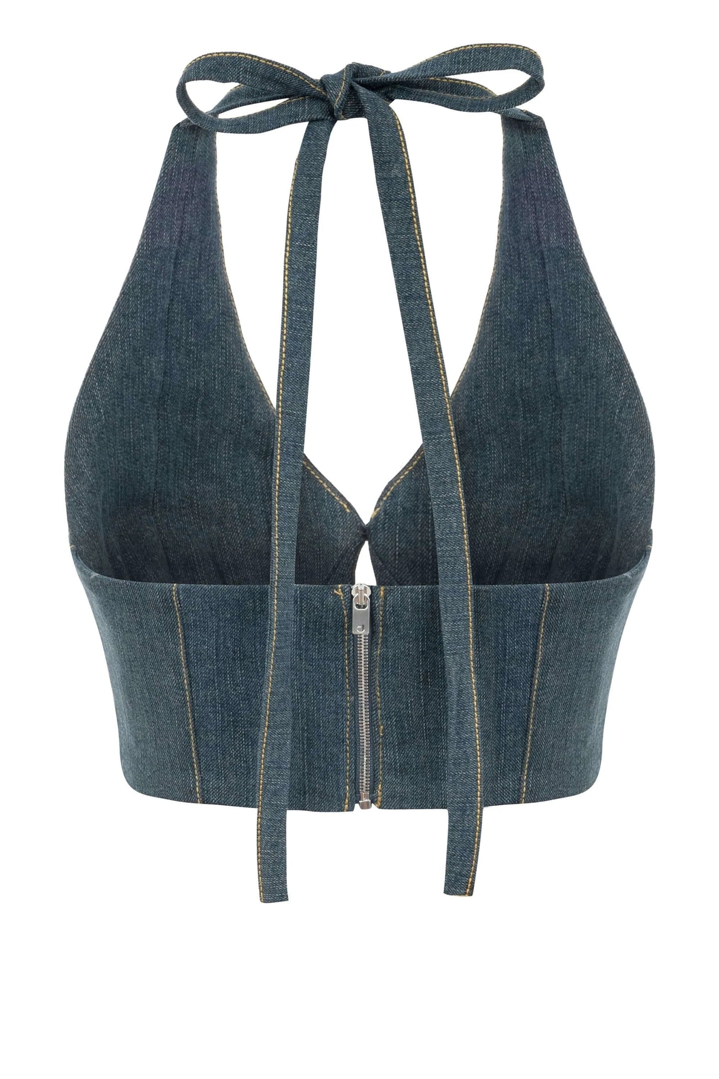 JENDUE Monte Denim Crop Top - Halter Neck & Lace-Up Detail by Jendue