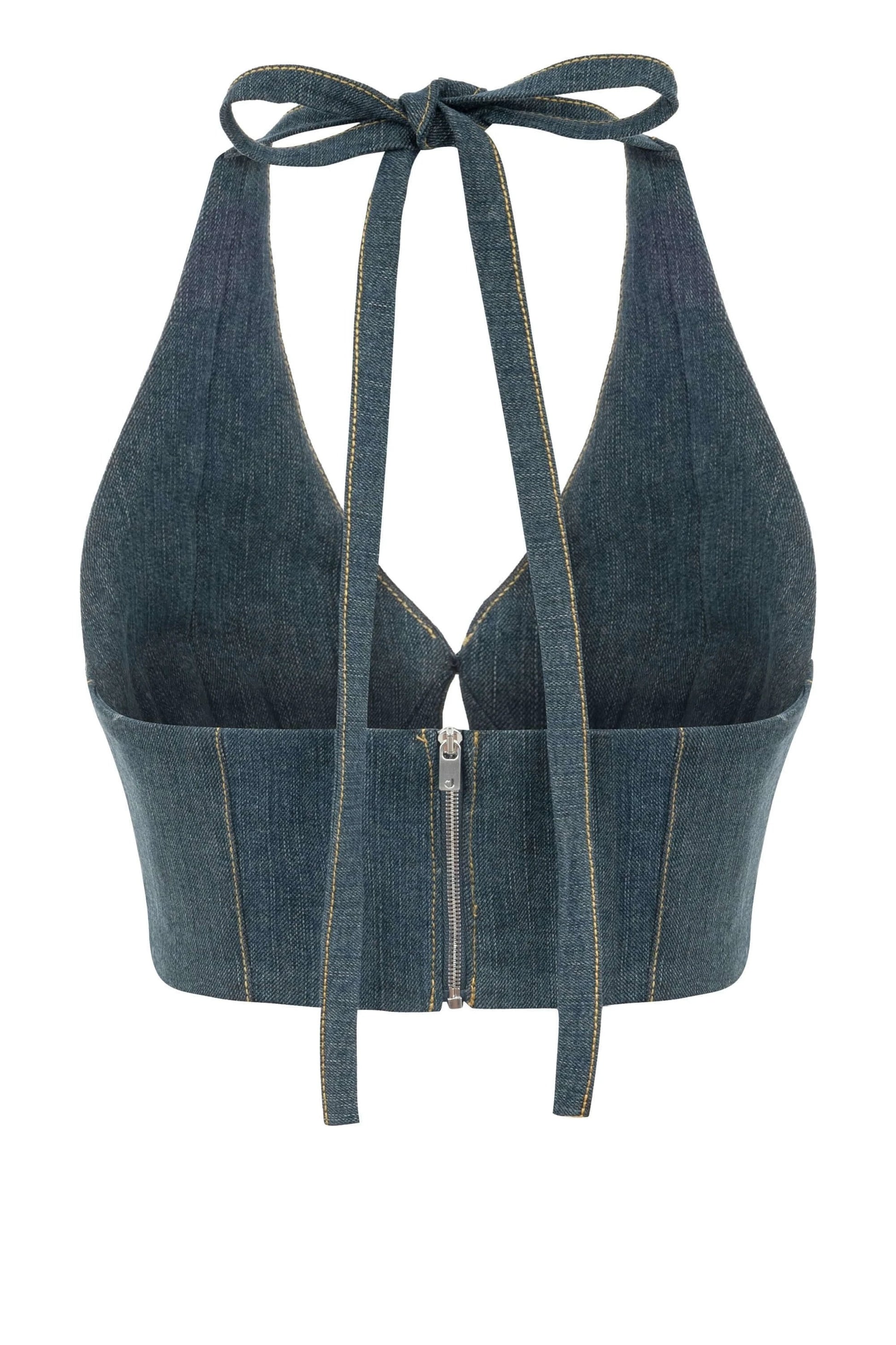JENDUE Monte Denim Crop Top - Halter Neck & Lace-Up Detail by Jendue