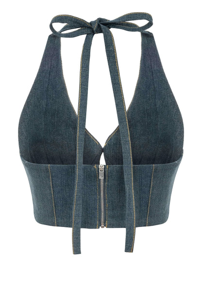 JENDUE Monte Denim Crop Top - Halter Neck & Lace-Up Detail by Jendue
