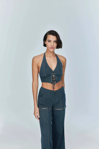 JENDUE Monte Denim Crop Top - Halter Neck & Lace-Up Detail by Jendue