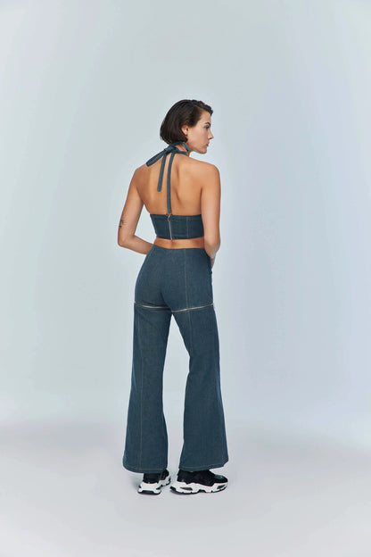 JENDUE Monte Denim Crop Top - Halter Neck & Lace-Up Detail by Jendue