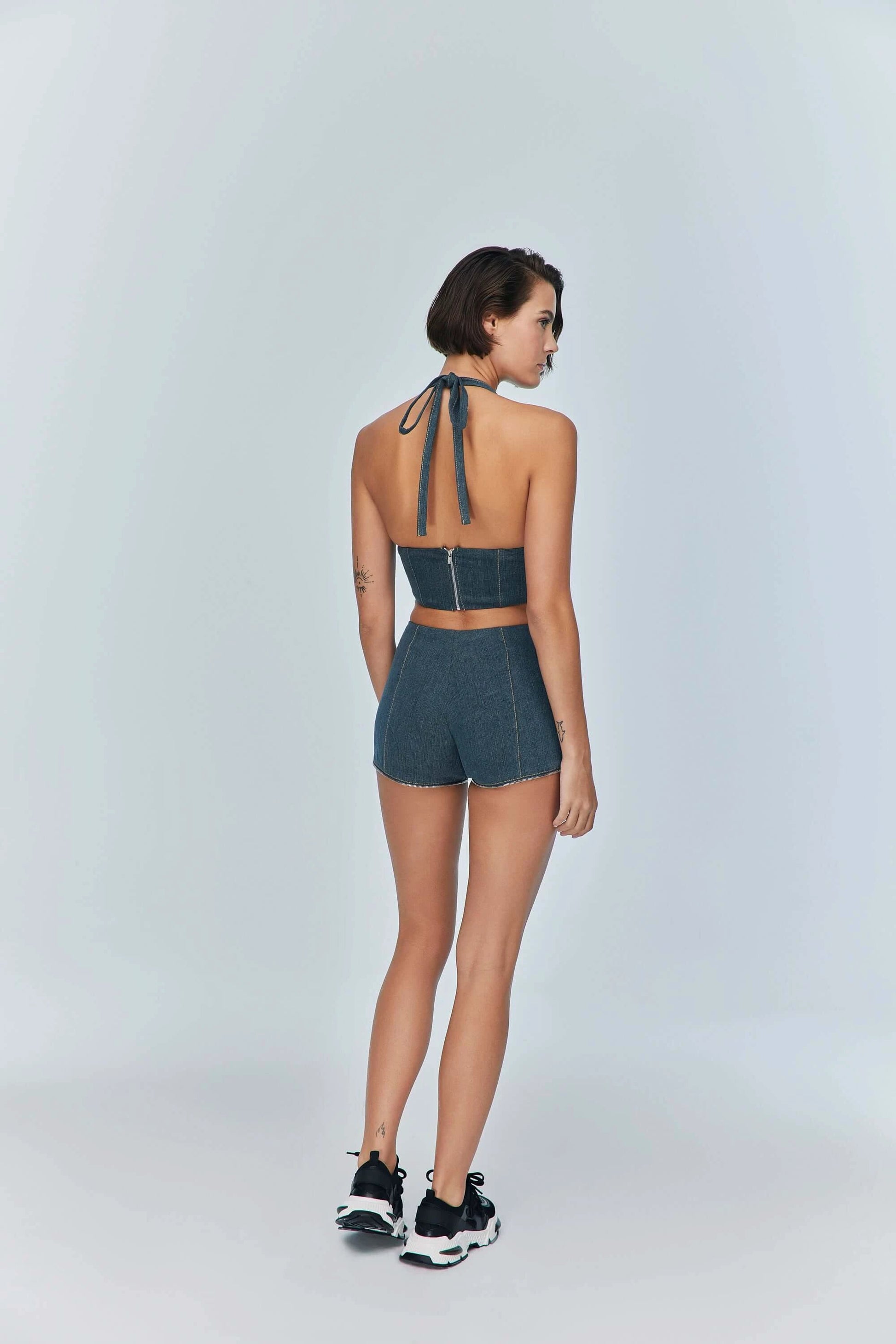 JENDUE Monte Denim Crop Top - Halter Neck & Lace-Up Detail by Jendue