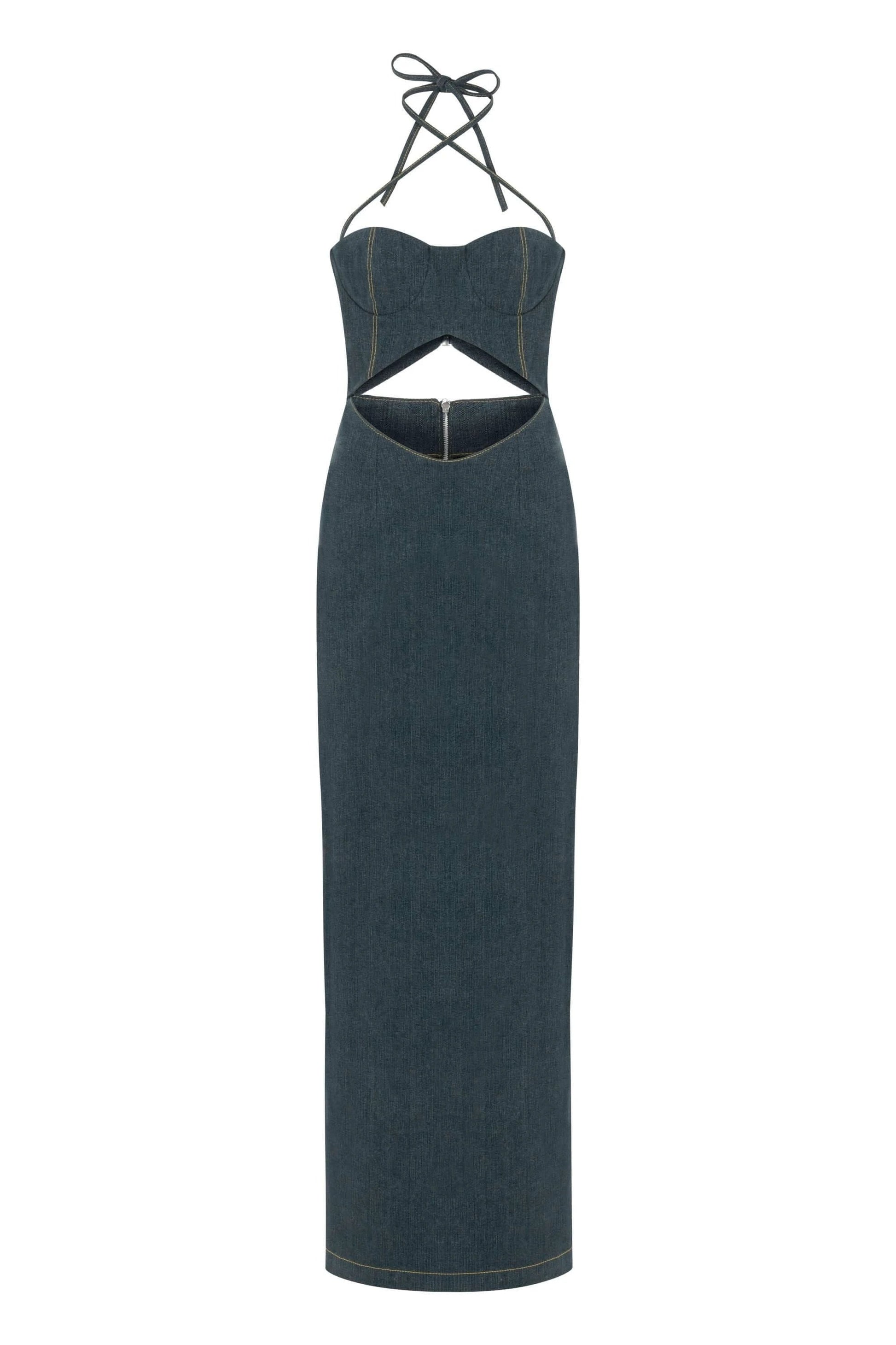 JENDUE Monte Maxi Denim Dress - Halter Cutout Gown by Jendue