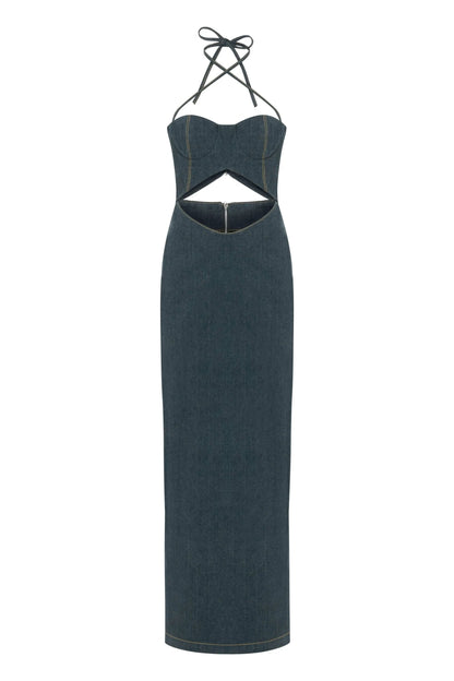 JENDUE Monte Maxi Denim Dress - Halter Cutout Gown by Jendue