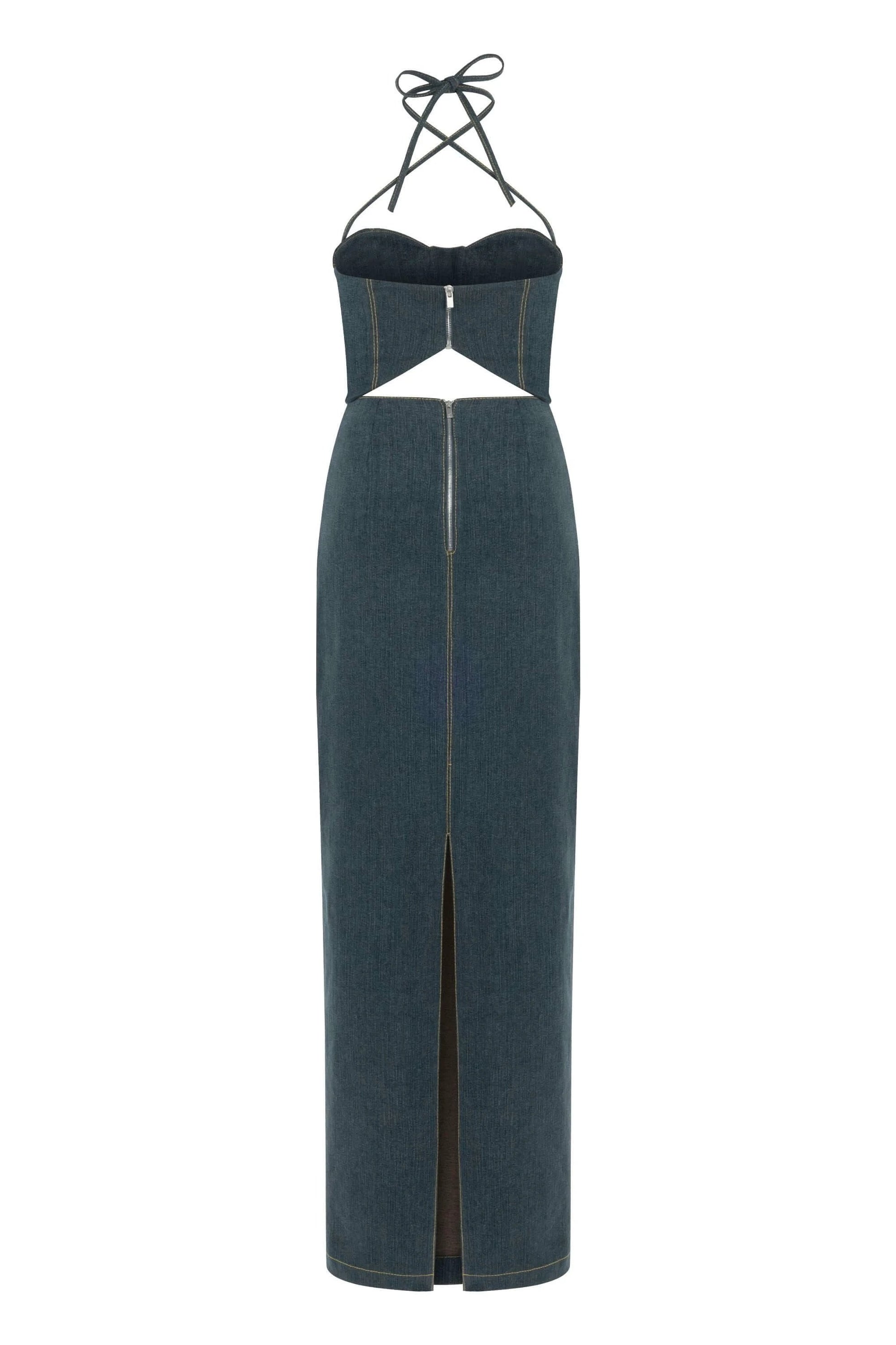 JENDUE Monte Maxi Denim Dress - Halter Cutout Gown by Jendue