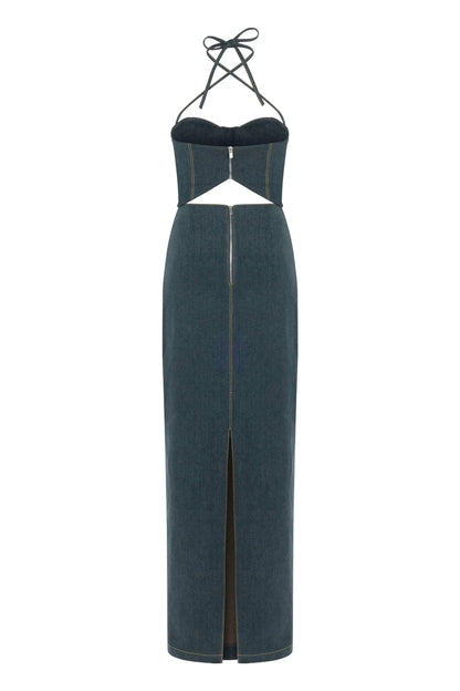 JENDUE Monte Maxi Denim Dress - Halter Cutout Gown by Jendue