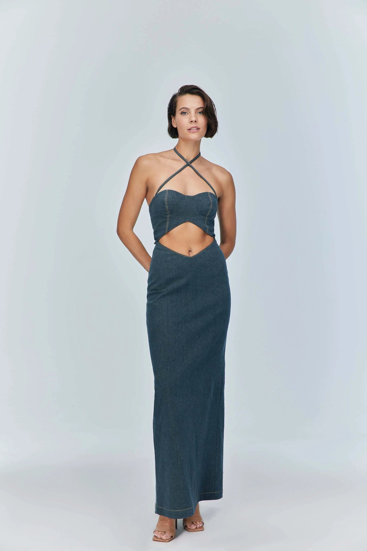 JENDUE Monte Maxi Denim Dress - Halter Cutout Gown by Jendue