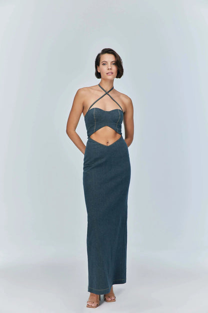 JENDUE Monte Maxi Denim Dress - Halter Cutout Gown by Jendue