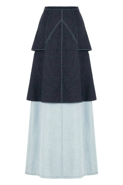 JENDUE Monte Maxi Denim Skirt - Two-Tone Design by Jendue