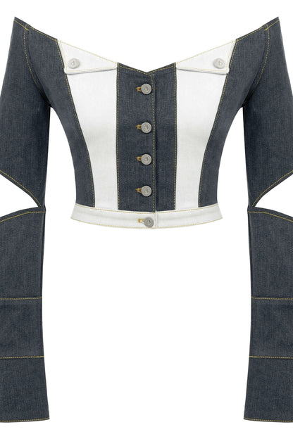 JENDUE Monte Off Shoulder Denim Jacket - Chic Cropped Jean by Jendue