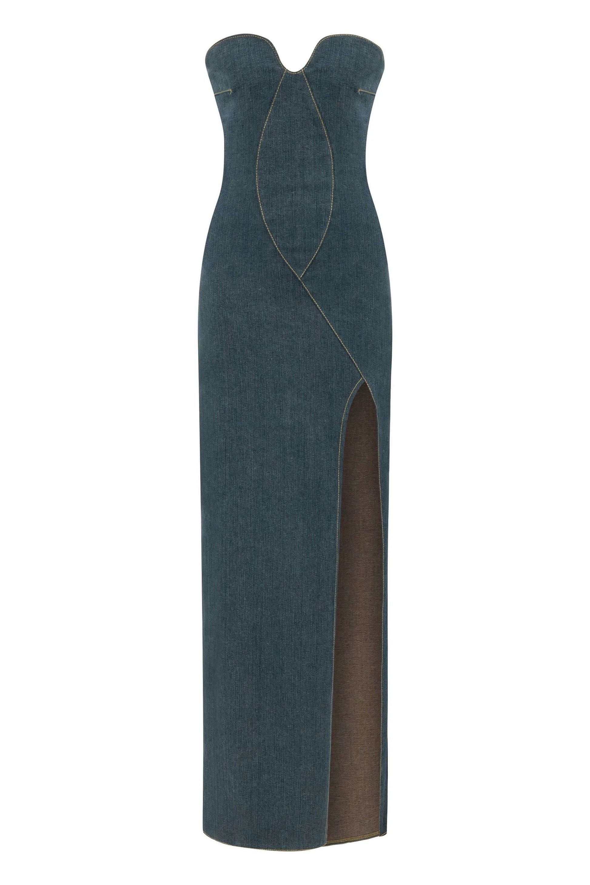 JENDUE Monte Strapless Denim Midi Dress - High Slit Style by Jendue