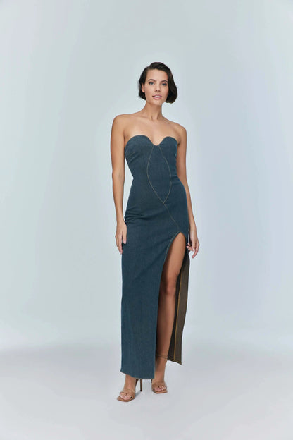 JENDUE Monte Strapless Denim Midi Dress - High Slit Style by Jendue