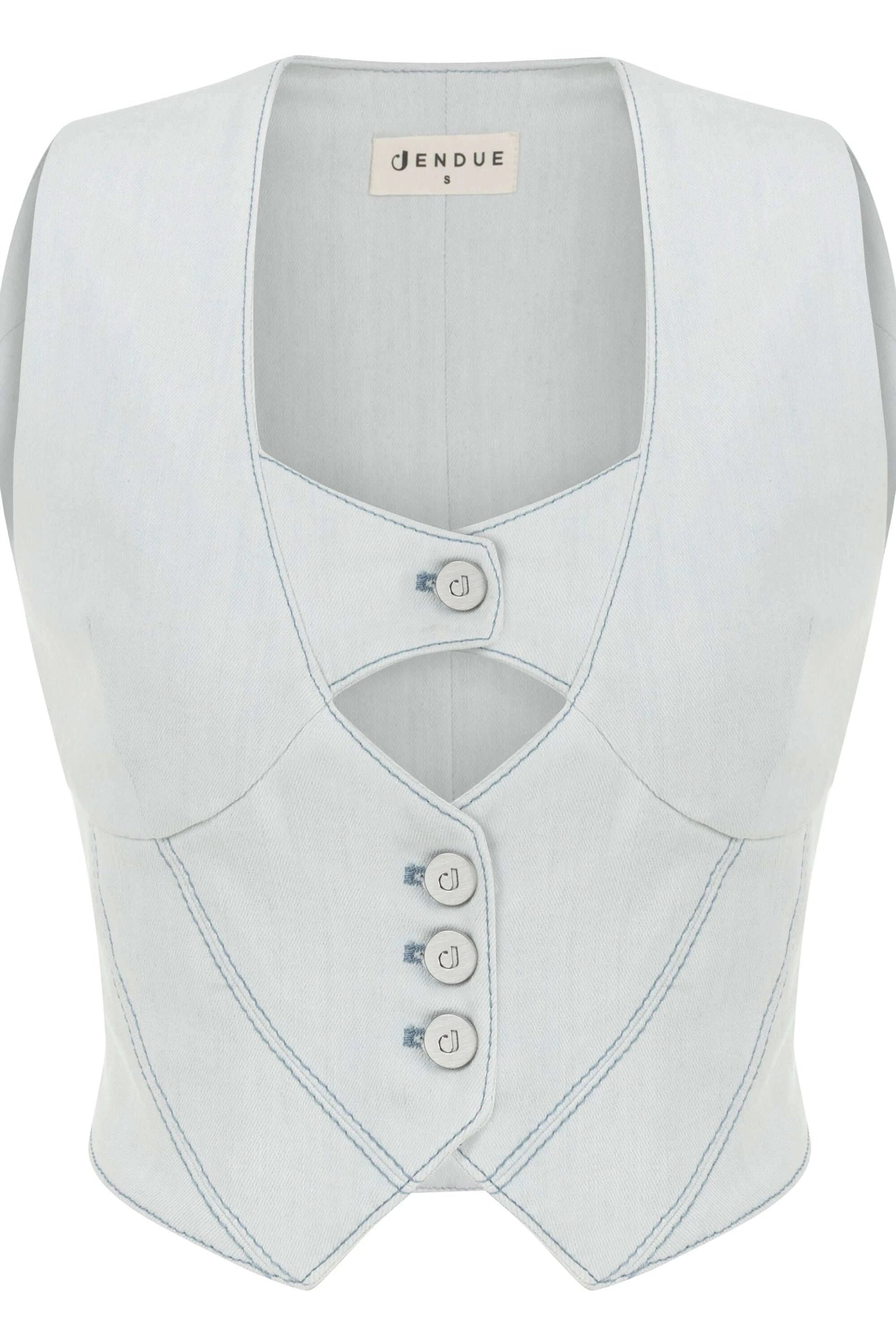 JENDUE Myla Denim Top - Light Blue Cut-Out Vest by Jendue