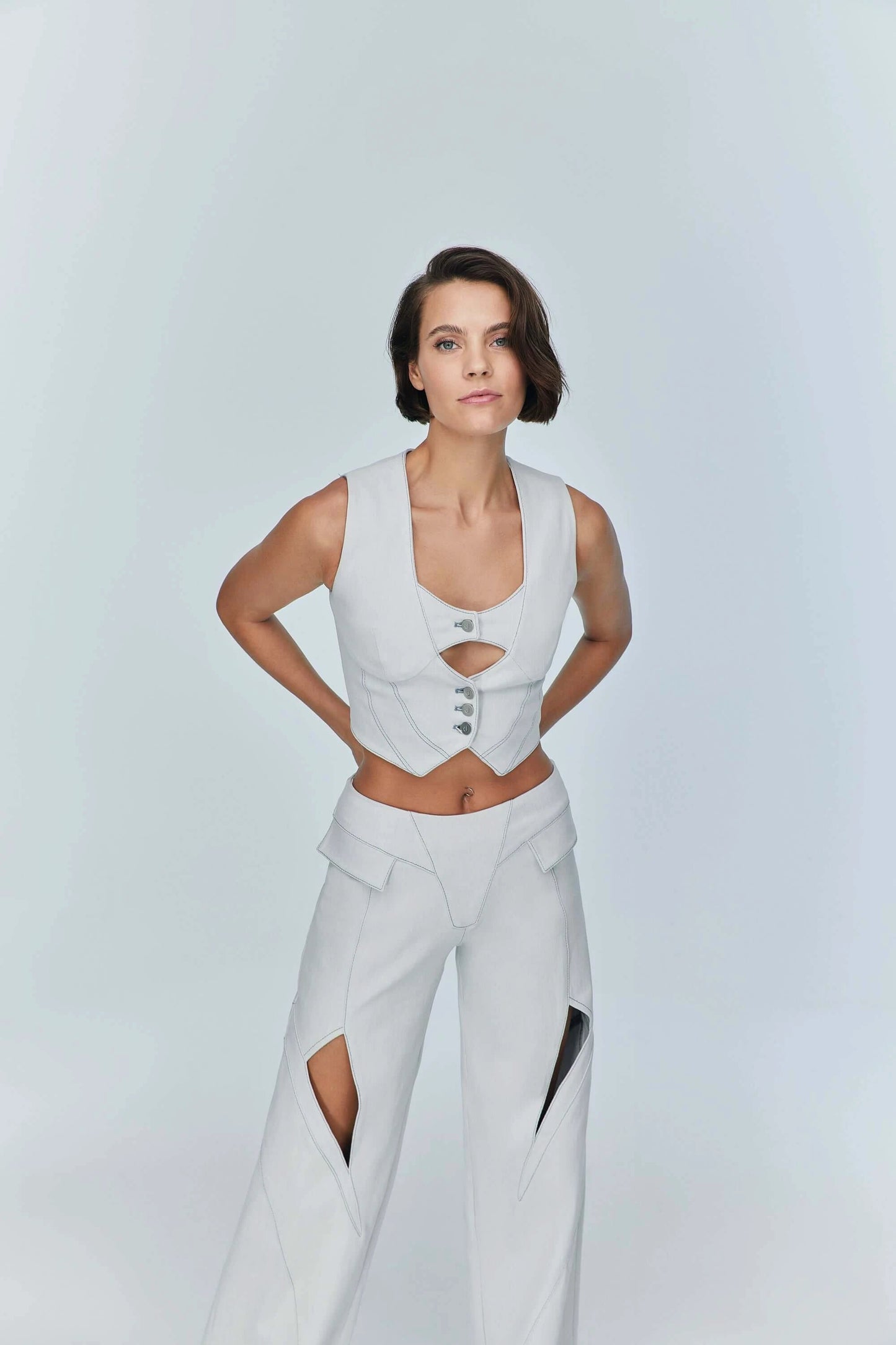JENDUE Myla Denim Top - Light Blue Cut-Out Vest by Jendue