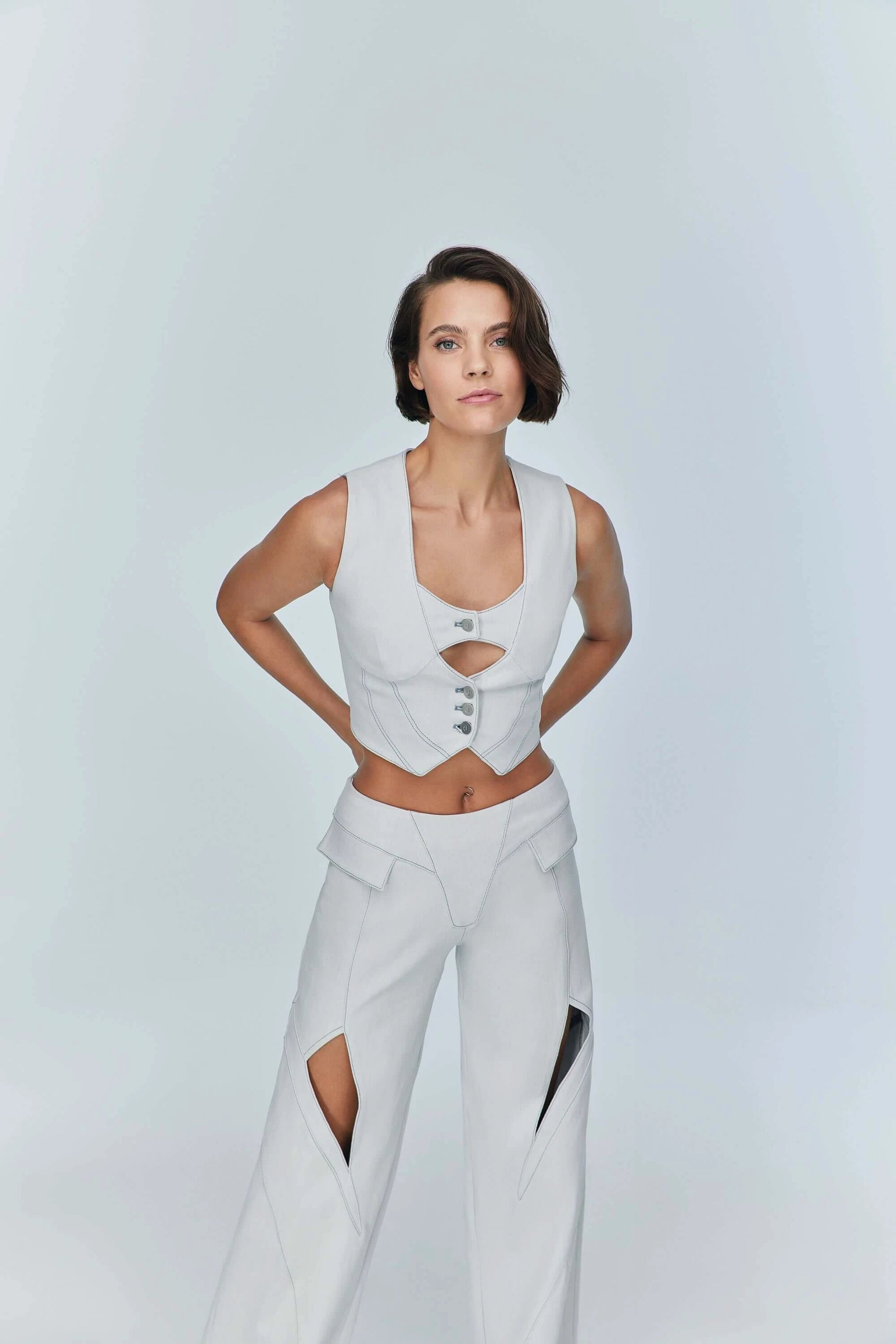 JENDUE Myla Denim Top - Light Blue Cut-Out Vest by Jendue